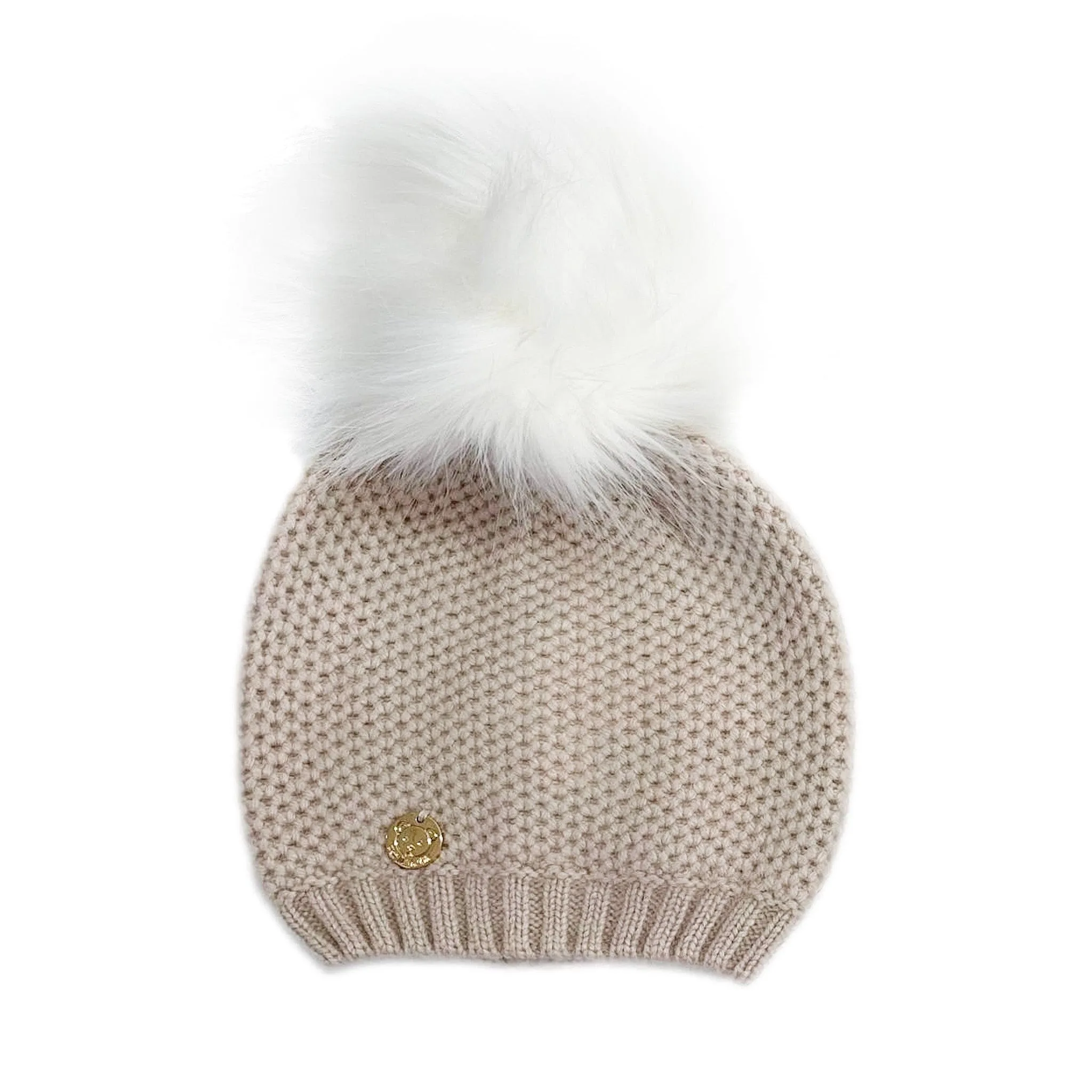 Honeycomb Beige Cashmere Beanie with Faux Fur Pom