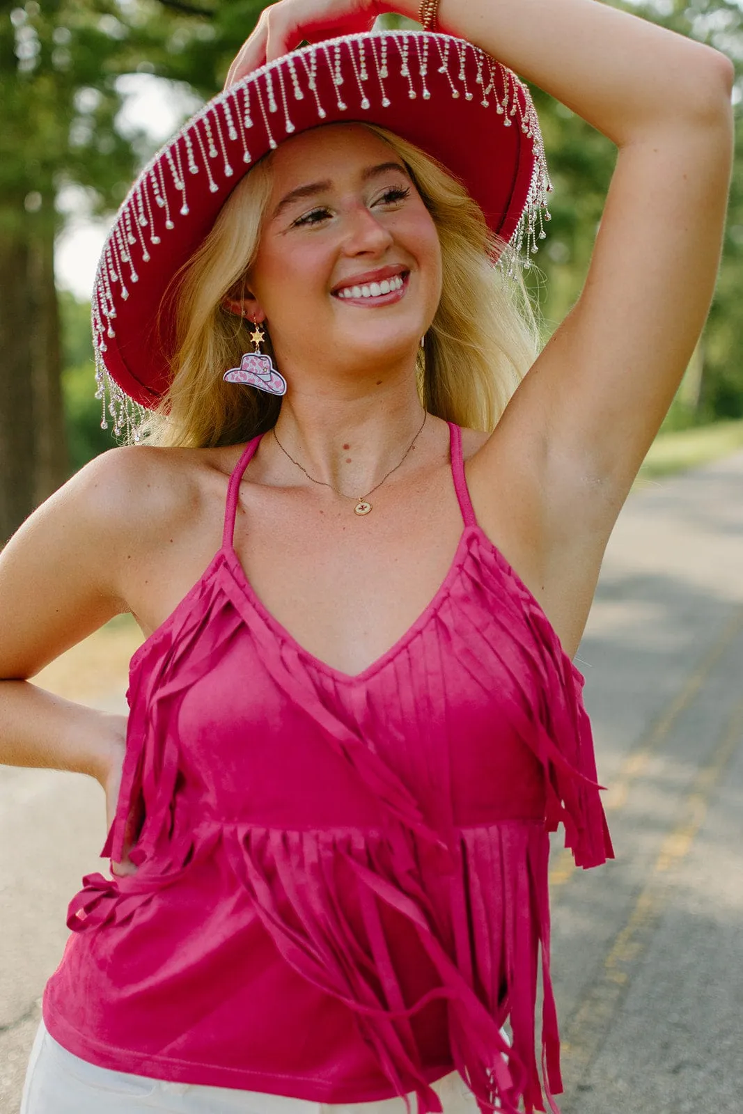 Hot Pink Rhinestone Fringe Cowgirl Hat