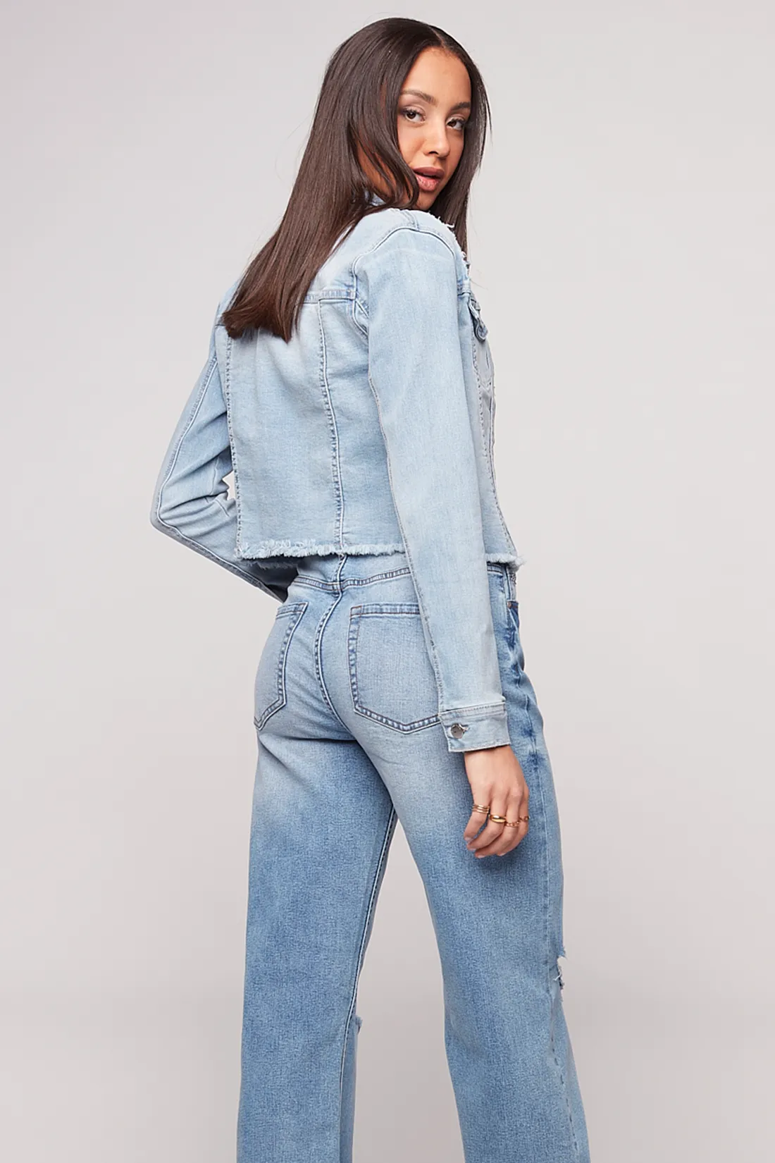 Ladies Cropped Raw Edge Jacket - Blue Bleach