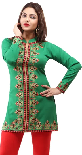 India Blouse Tunic Top Kurti Women's Printed Indian Apparel (Green)