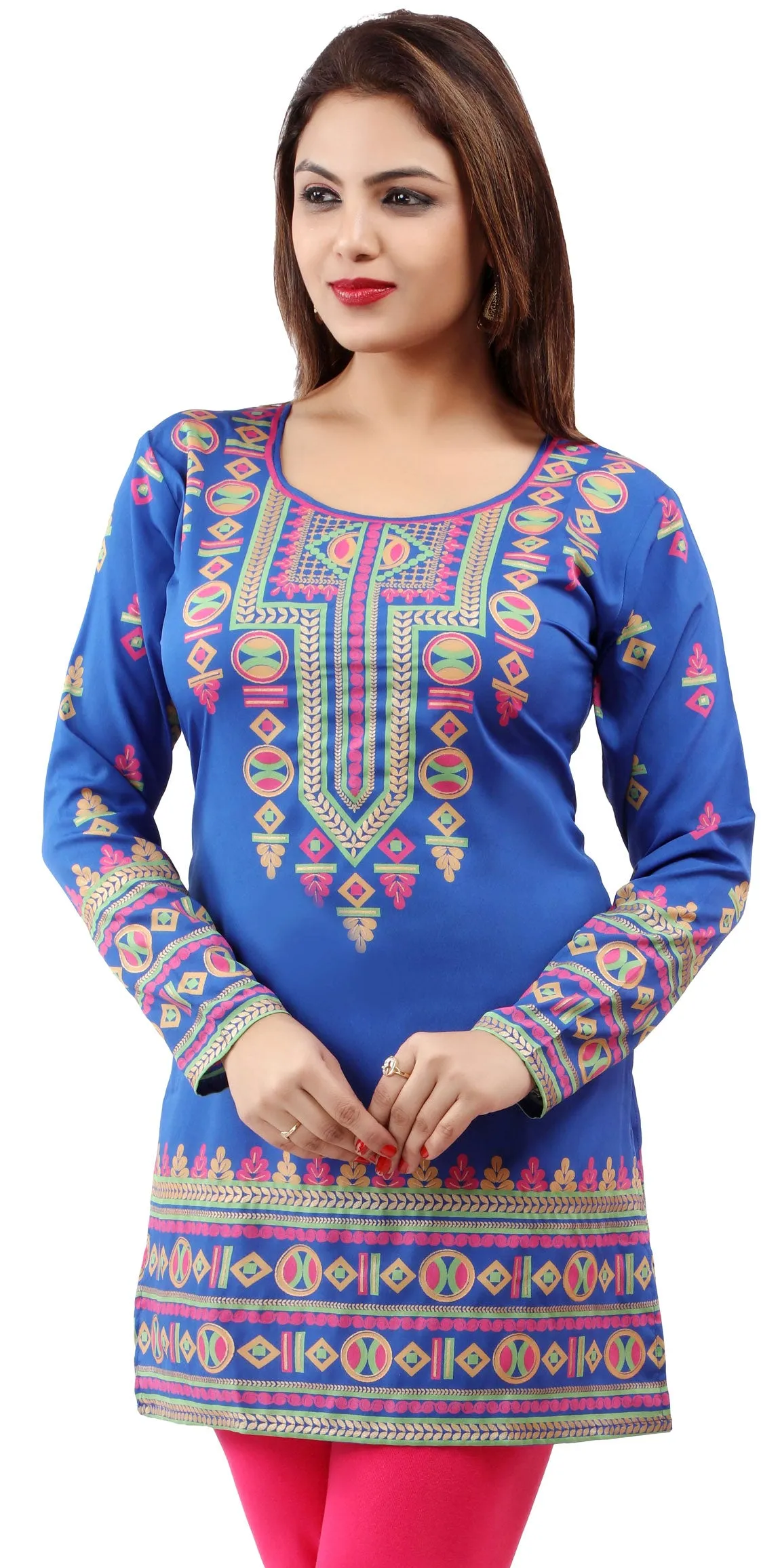 India Kurti Tunic Top Womens Printed Indian Apparel (Blue)