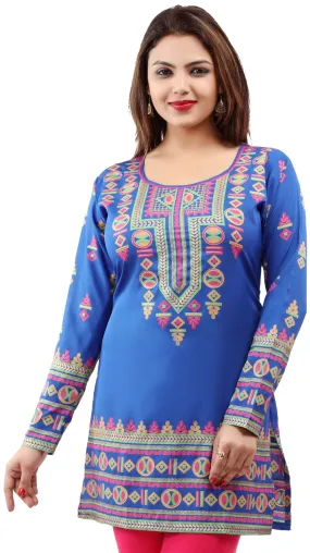 India Kurti Tunic Top Womens Printed Indian Apparel (Blue)