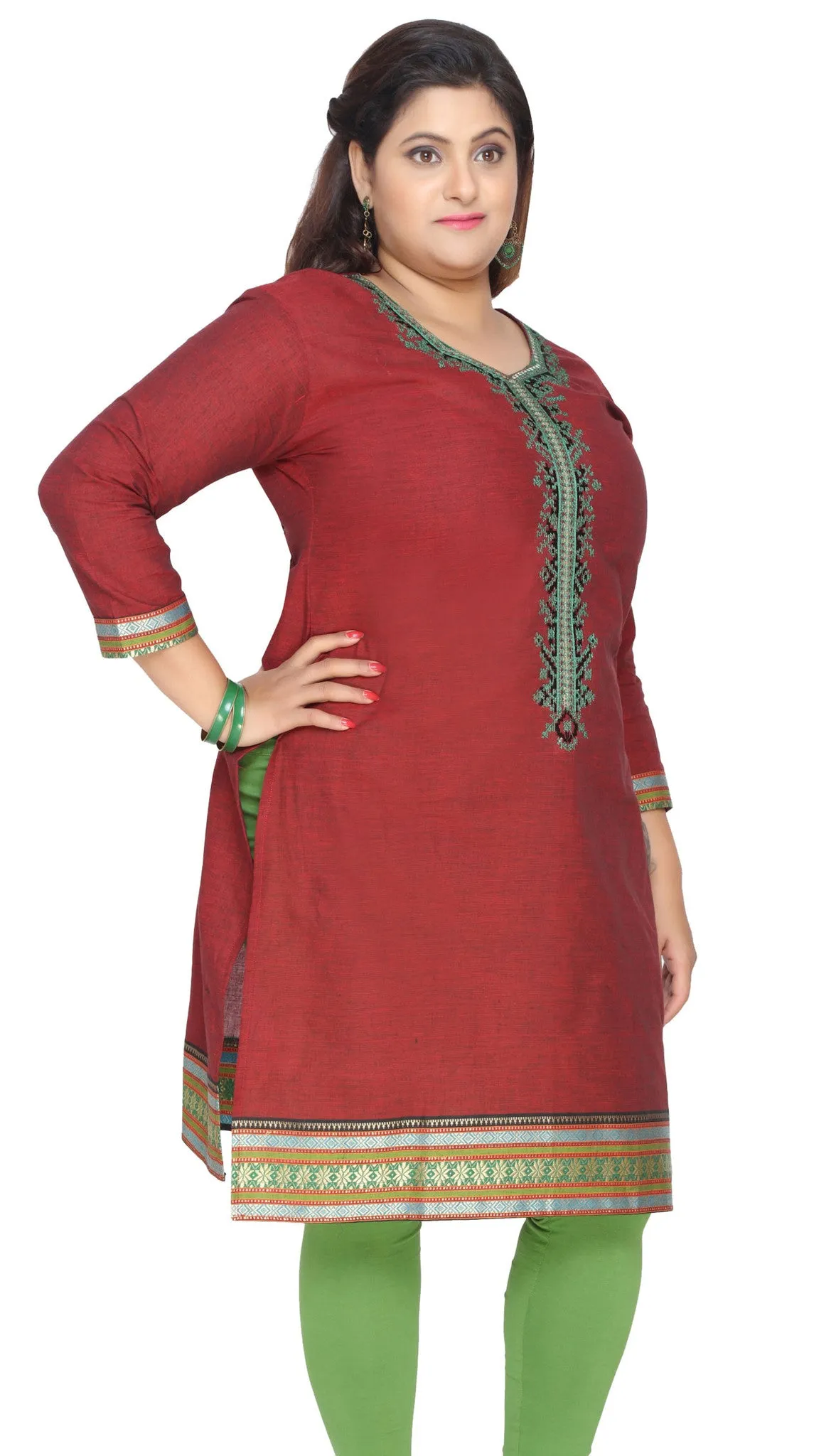 Women's Cotton Indian Tunics Kurti Long Top Embroidered Plus Size (Maroon)