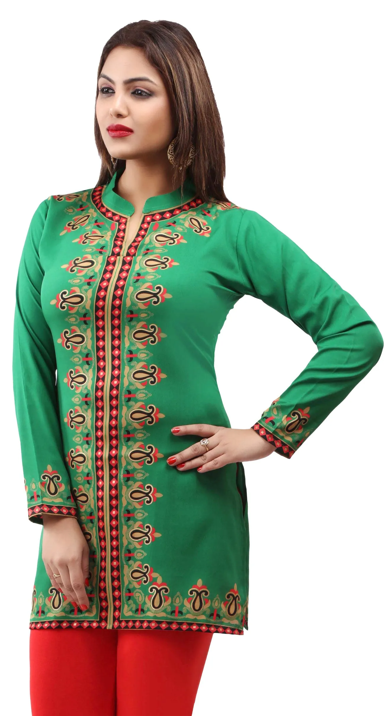 India Blouse Tunic Top Kurti Women's Printed Indian Apparel (Green)