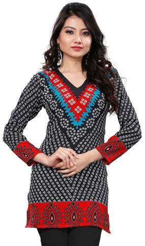 India Tunic Top Long  Kurti Womens Printed Indian Clothing (Black)