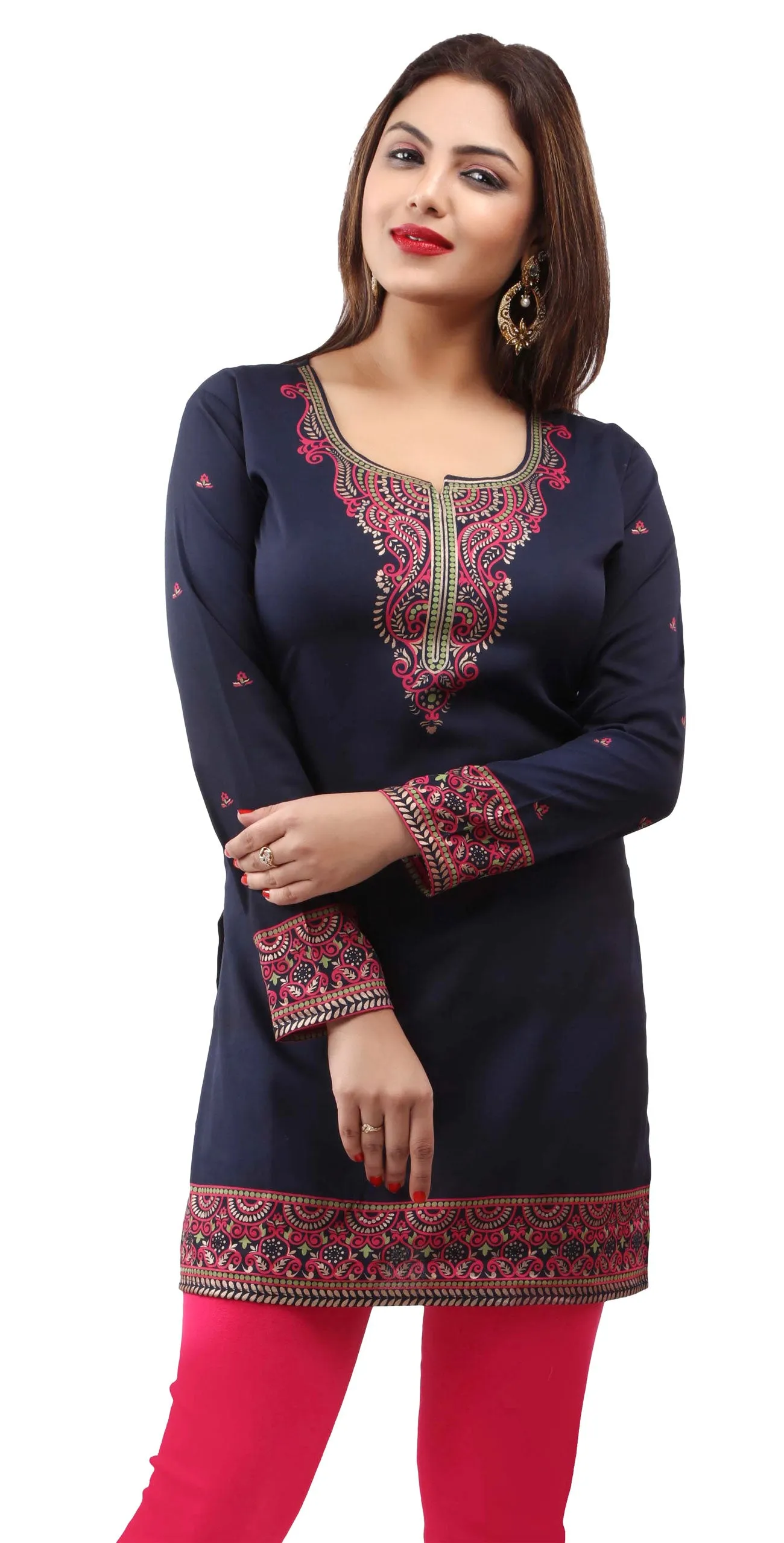 Indian Kurti Women's Tunic Top Printed Blouse India Clothing (Dark Blue)