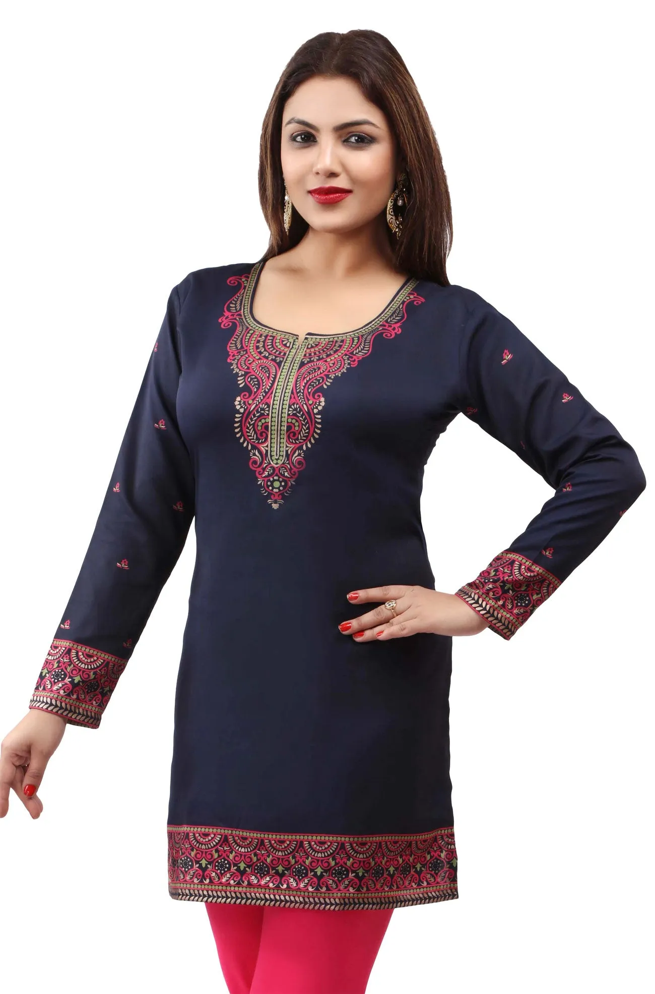 Indian Kurti Women's Tunic Top Printed Blouse India Clothing (Dark Blue)