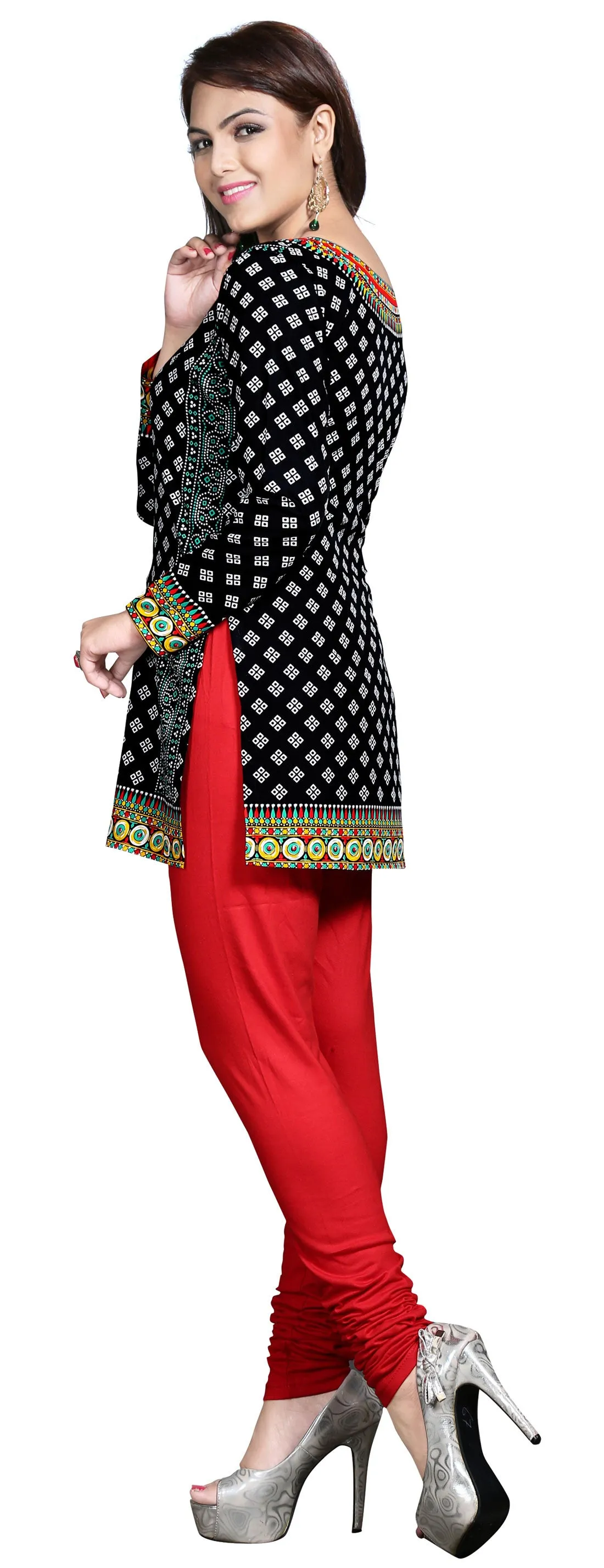 India Short  Kurti Tunic Top Womens Printed Indian Clothing (Black)