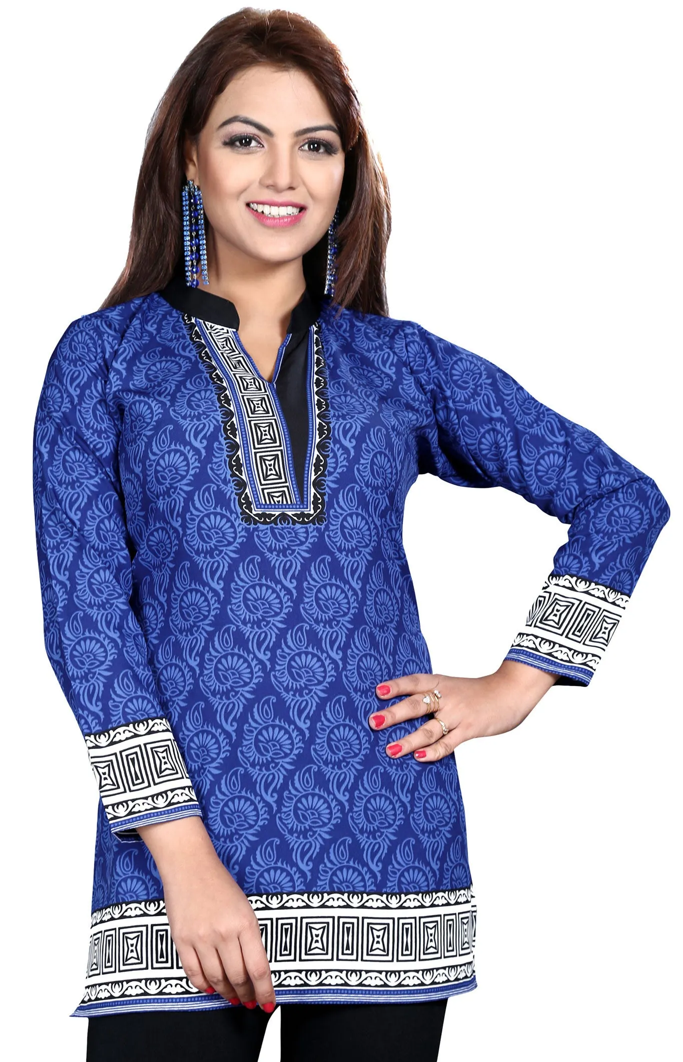 Indian Long Tunics Kurti Top Blouse Womens India Apparel (Blue)