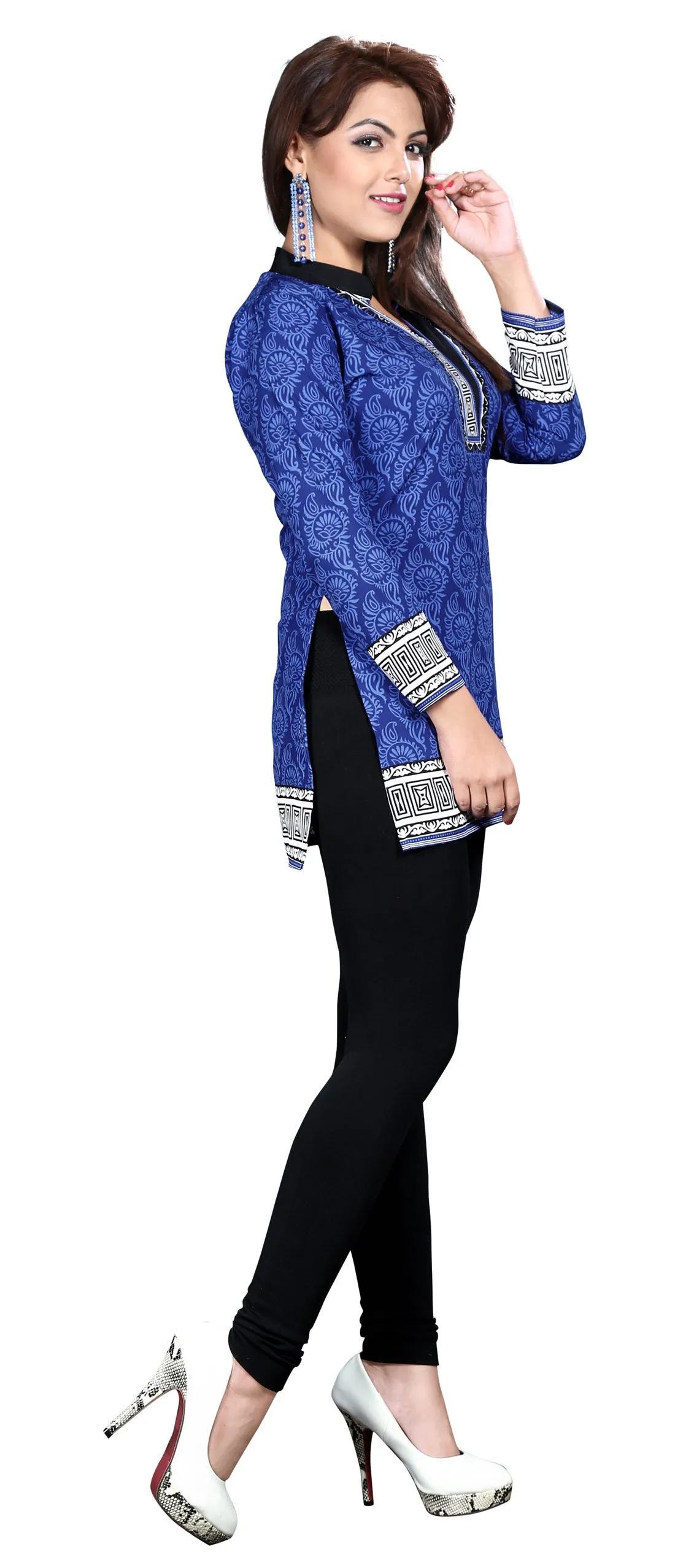 Indian Long Tunics Kurti Top Blouse Womens India Apparel (Blue)