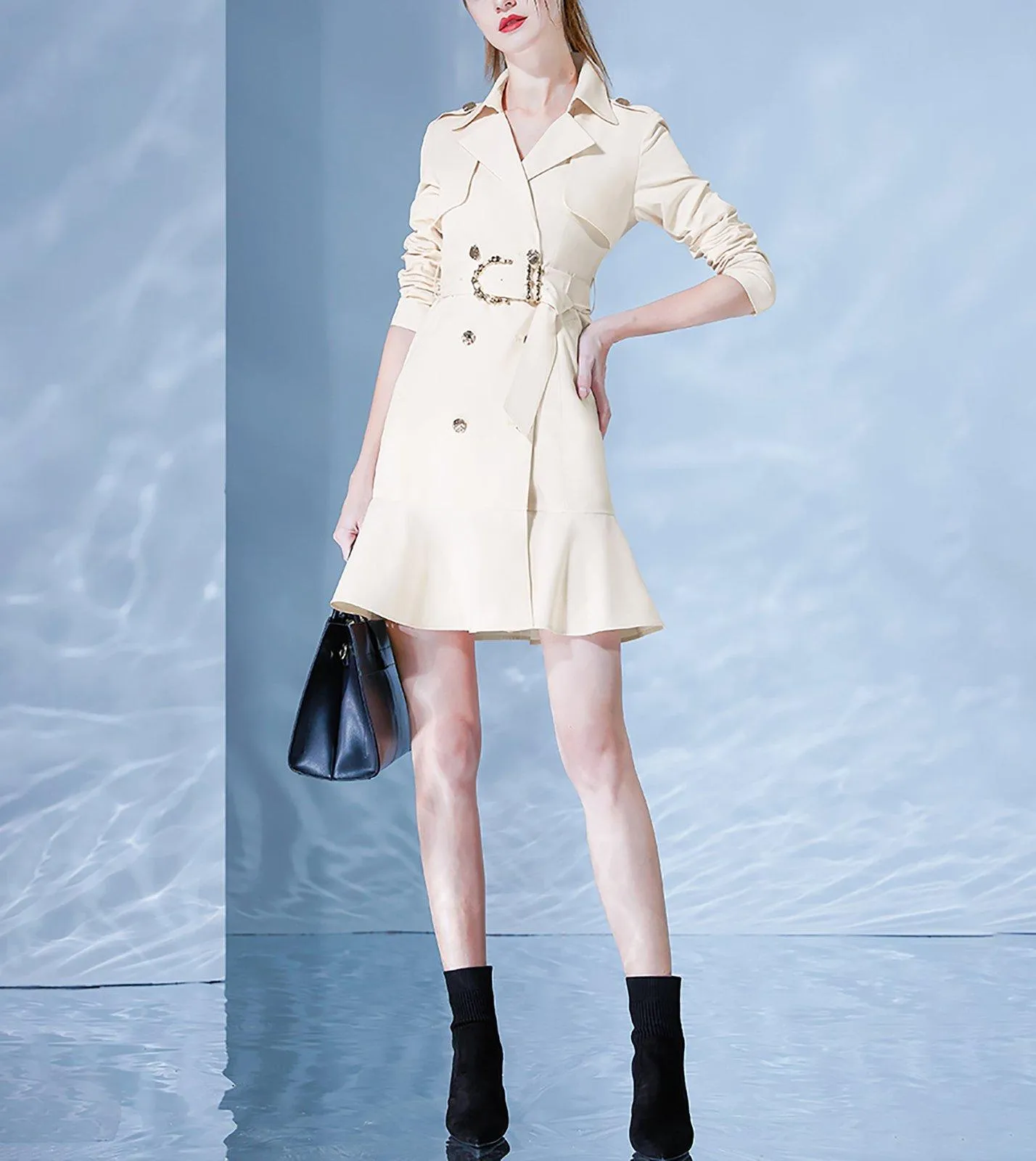 Women Beige Long Trench Dress Coat with belt