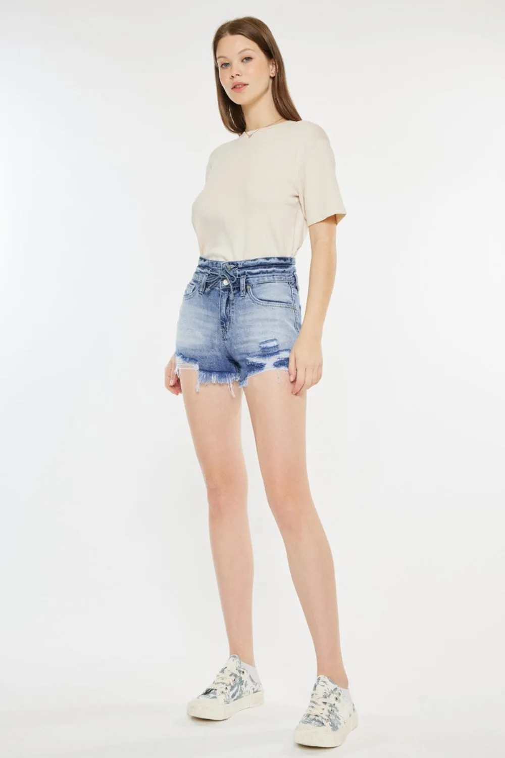 Acid Wash High Rise Frayed Hem Denim Shorts