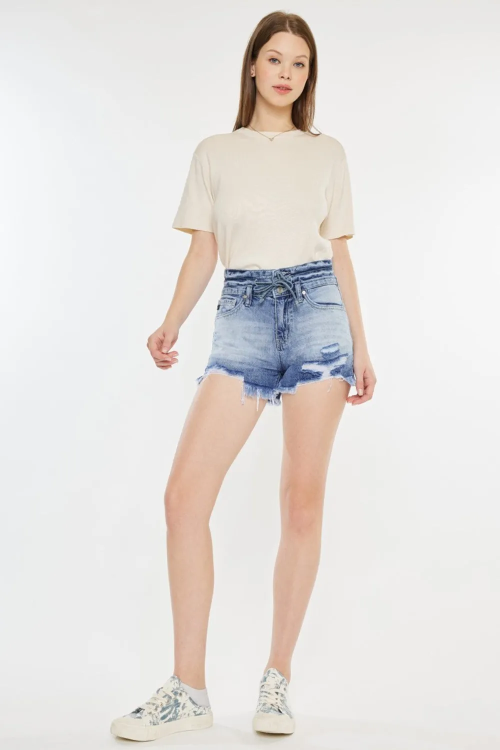 Acid Wash High Rise Frayed Hem Denim Shorts