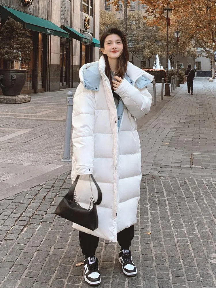 Women White Hooded Quilted Puffer Coat Black Oversize Winter Parka Coat