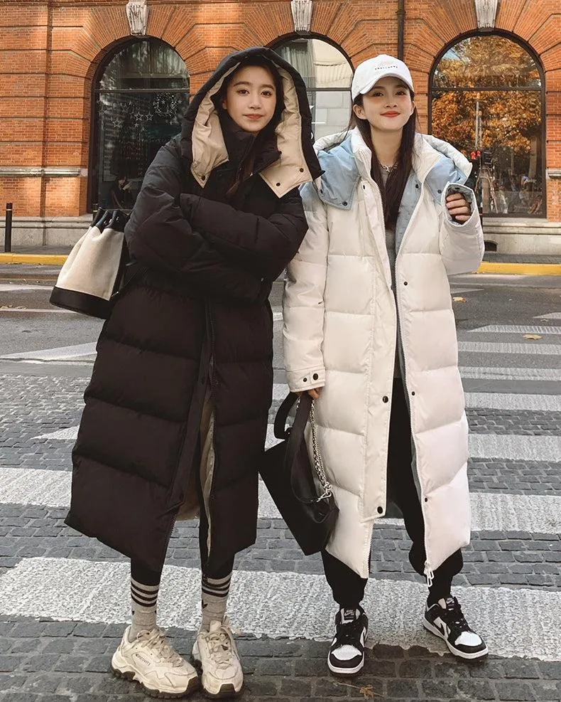 Women White Hooded Quilted Puffer Coat Black Oversize Winter Parka Coat