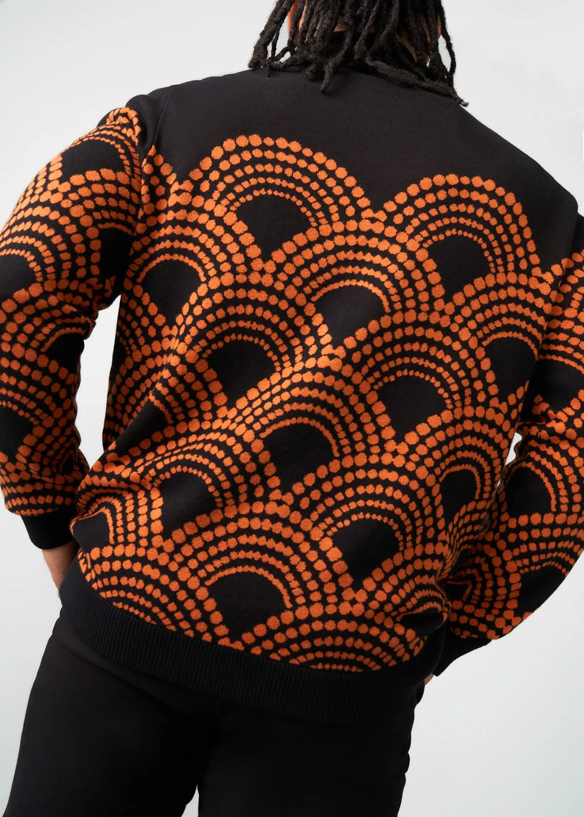 Kibo Men's African Print Quarter-Zip Sweater (Black Amber Dots)