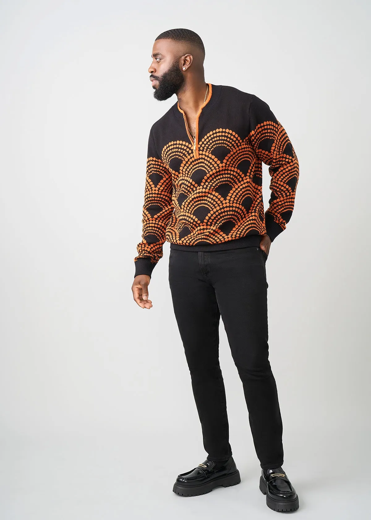 Kibo Men's African Print Quarter-Zip Sweater (Black Amber Dots)