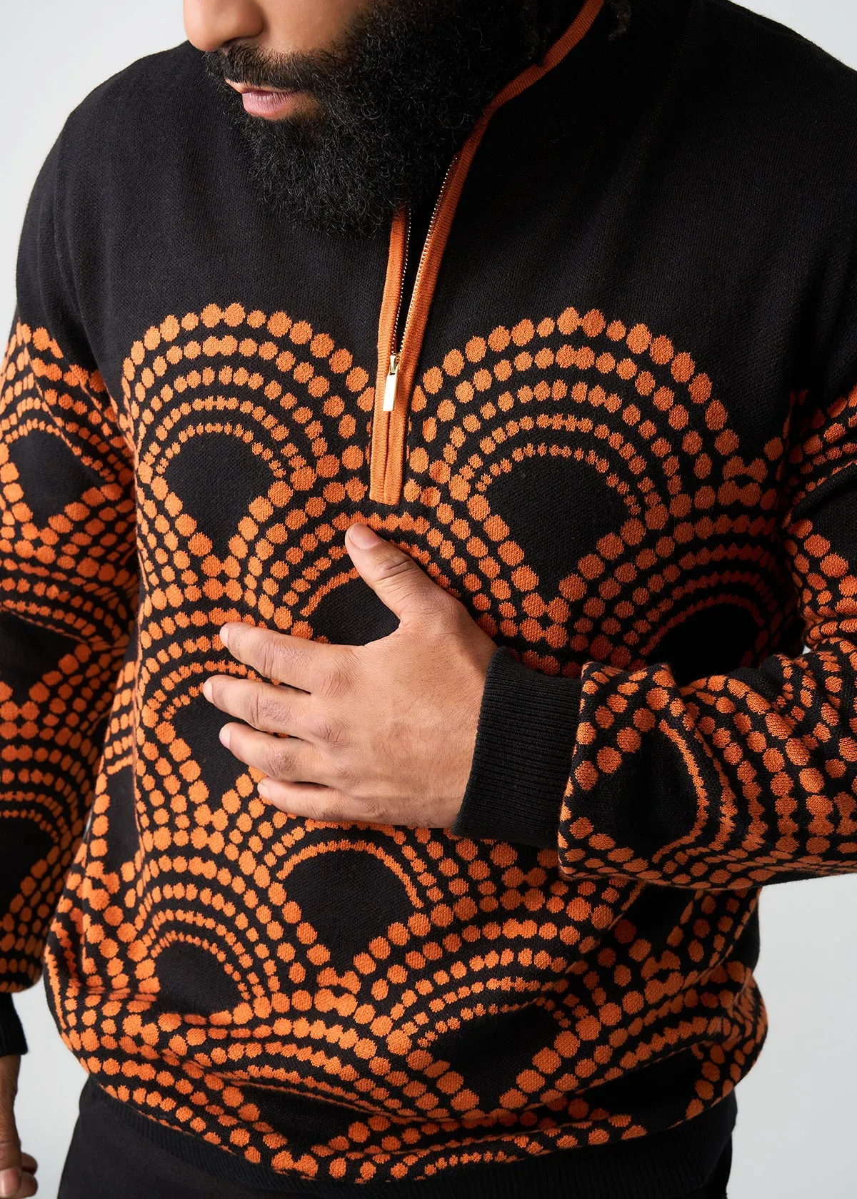 Kibo Men's African Print Quarter-Zip Sweater (Black Amber Dots)