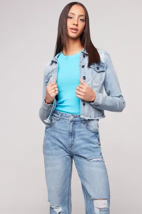 Ladies Cropped Raw Edge Jacket - Blue Bleach