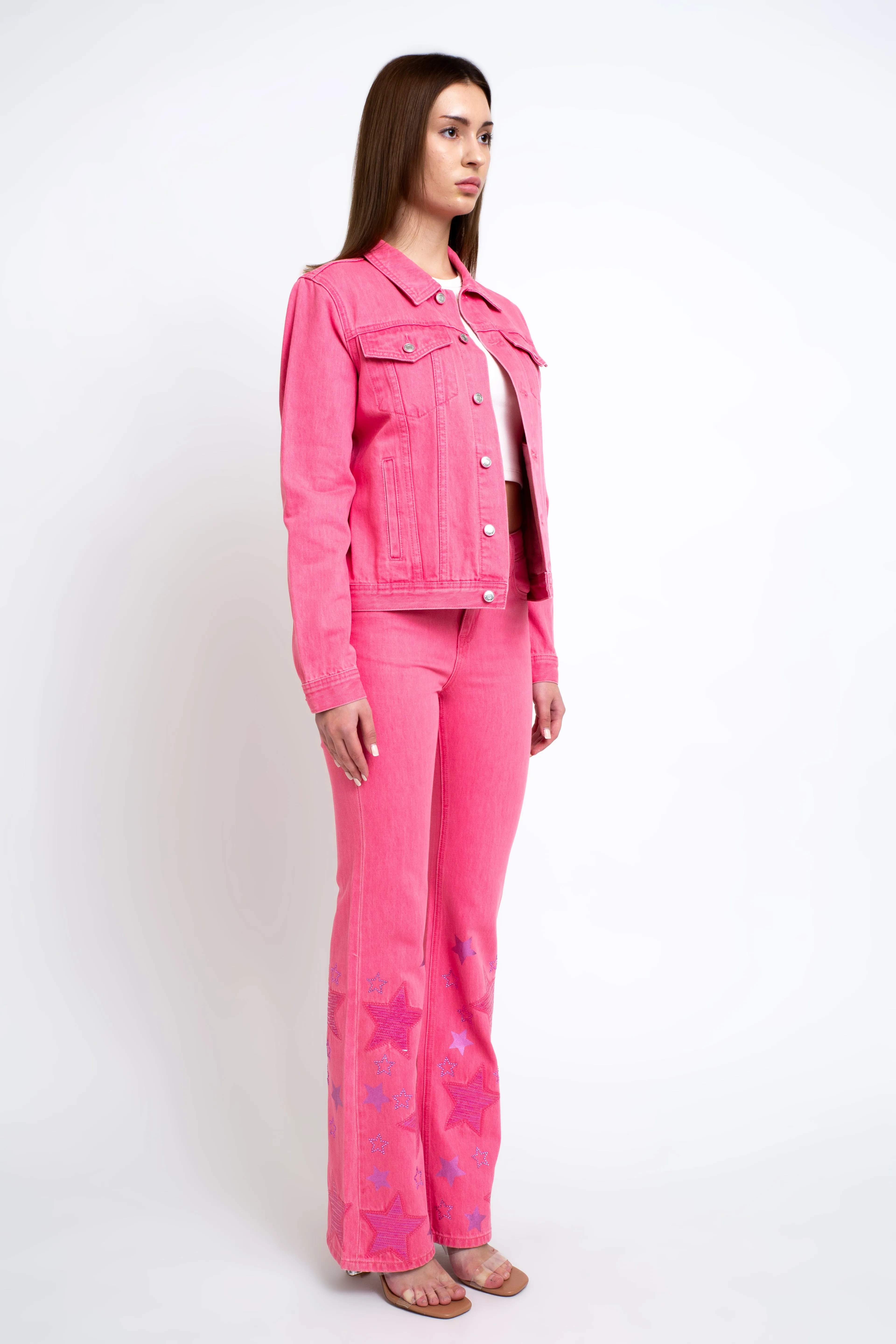 Let's Go Girls Embroidery Pink Denim Jacket