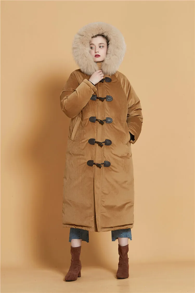 Velvet Hooded Fur Tickened Down Puffer Toggle Long Coat