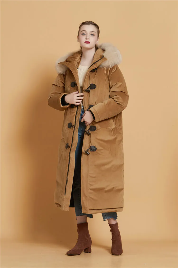 Velvet Hooded Fur Tickened Down Puffer Toggle Long Coat