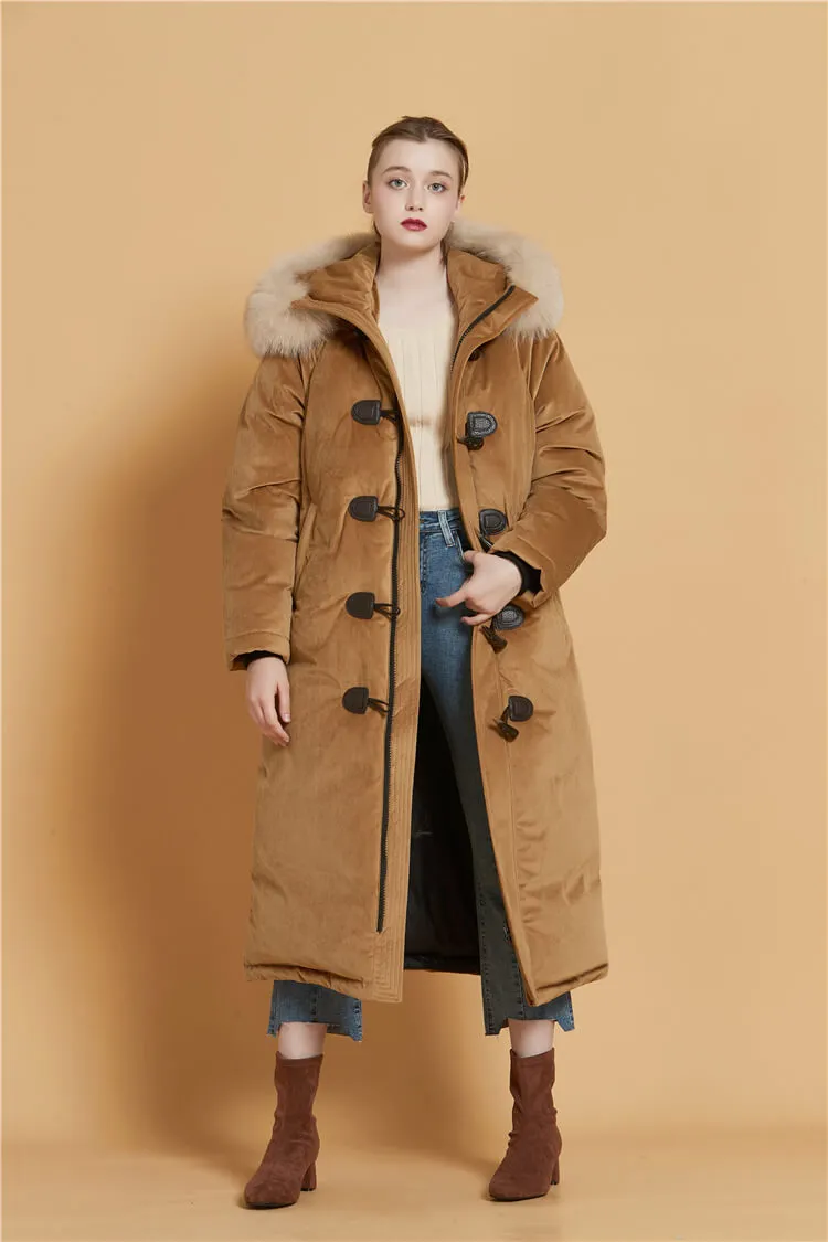 Velvet Hooded Fur Tickened Down Puffer Toggle Long Coat