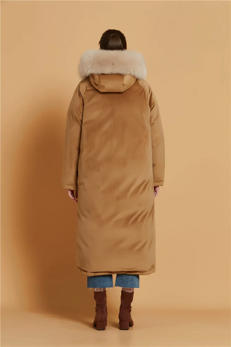 Velvet Hooded Fur Tickened Down Puffer Toggle Long Coat