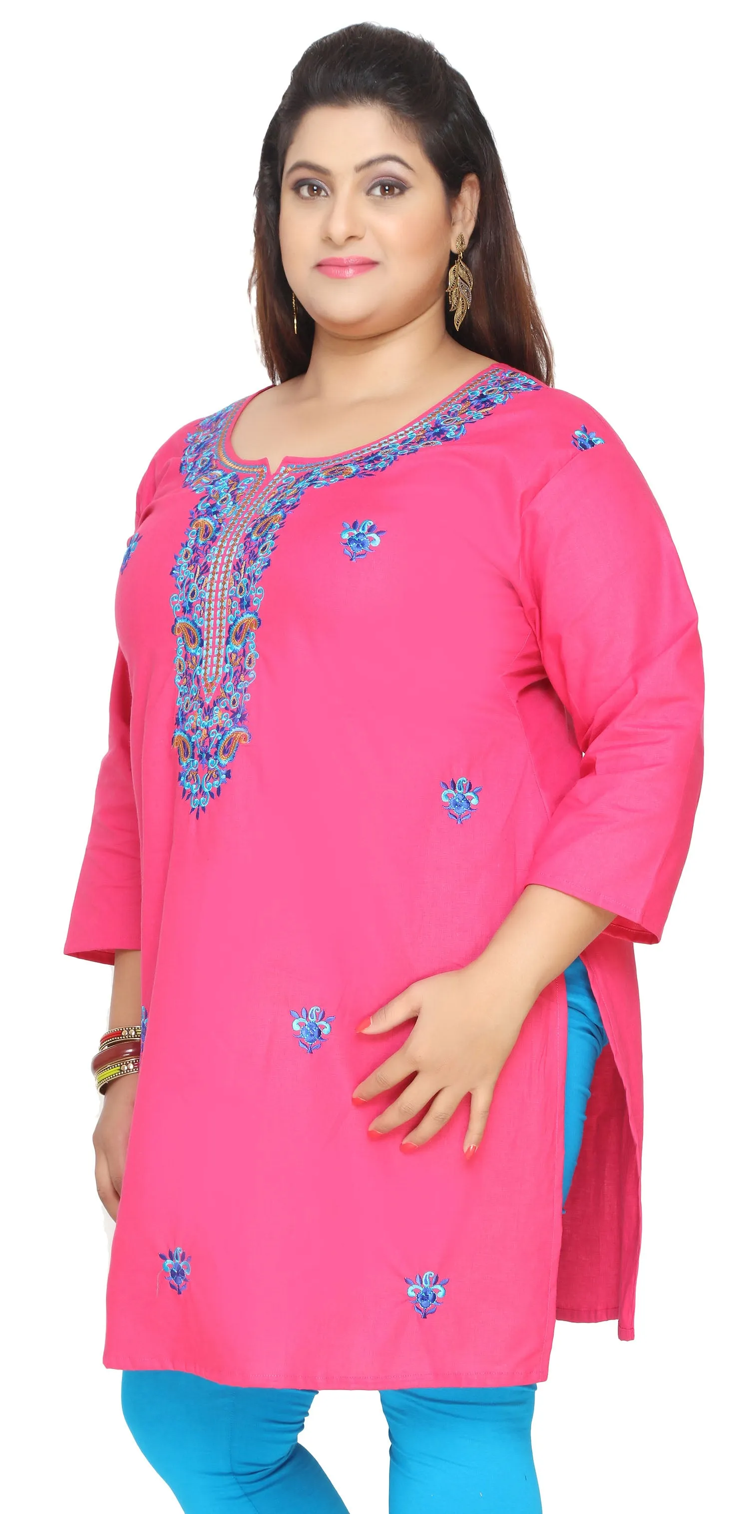 Plus Size Womens Indian Cotton Tunics Kurti Long Top Apparel (Pink)