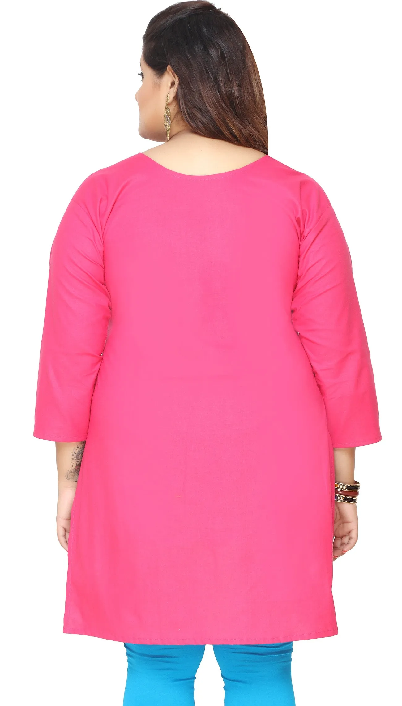 Plus Size Womens Indian Cotton Tunics Kurti Long Top Apparel (Pink)