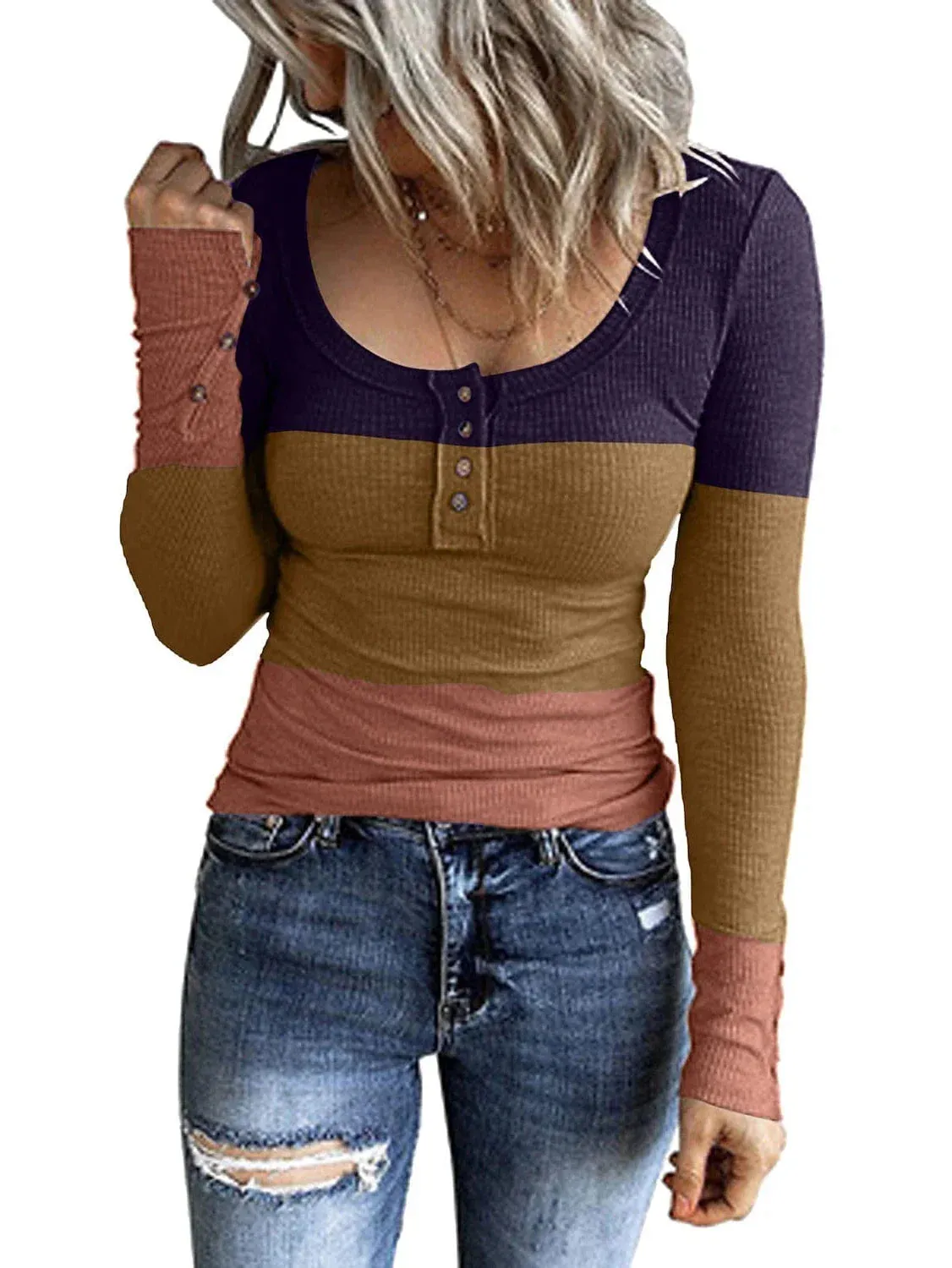 Henley Style Color Block Long Sleeve T-shirt for Women