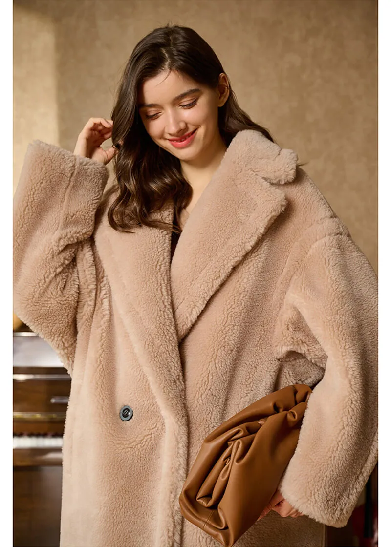 June Womens Oversized Two-Button Wool Teddy Coat with Fur Trim