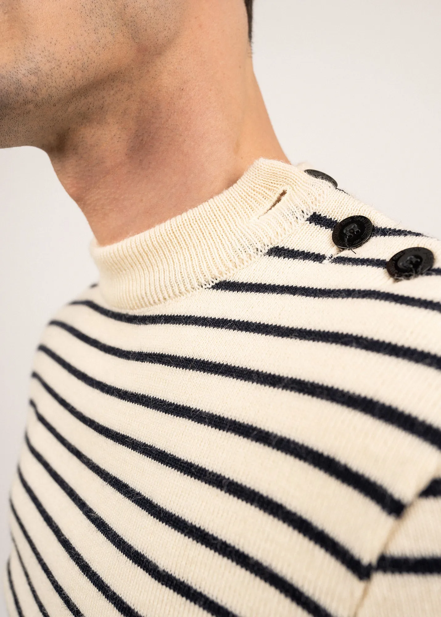 MATELOT - Authentic Striped Wool Fisherman Sweater with Button Shoulder |Slim Fit  (ECRU / NAVY)