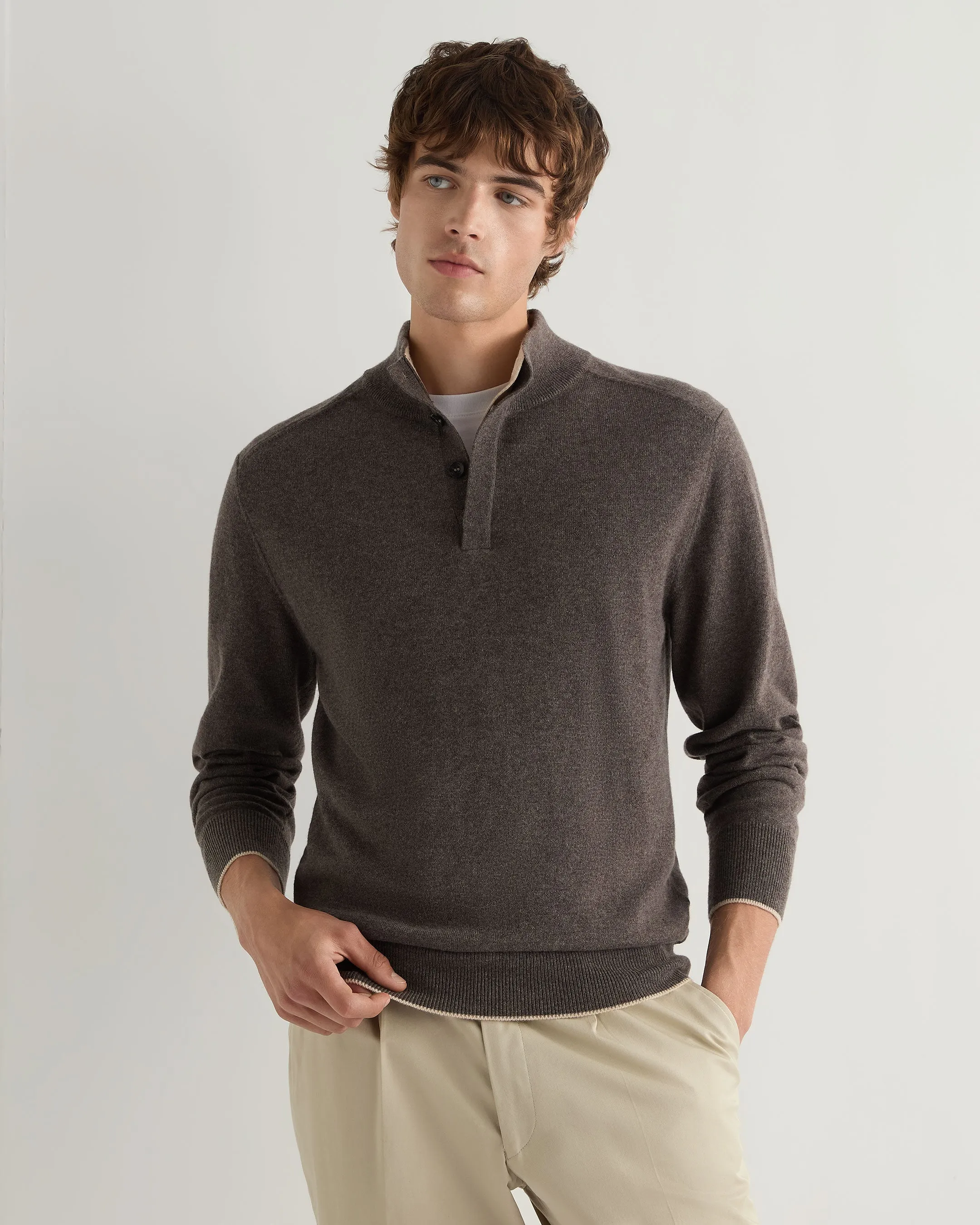 Men's Half Button Cashmere Jumper Biscotti Brown