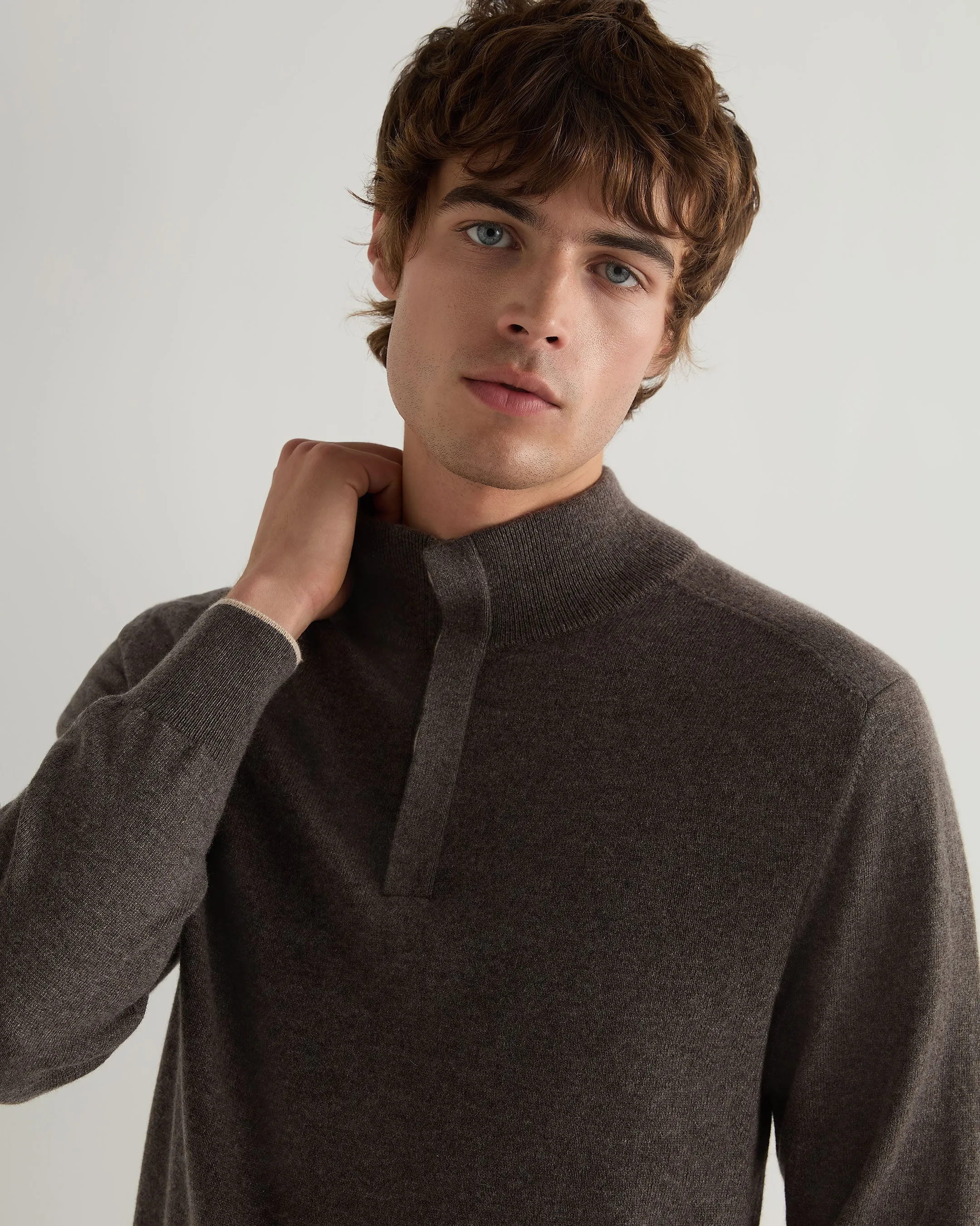 Men's Half Button Cashmere Jumper Biscotti Brown