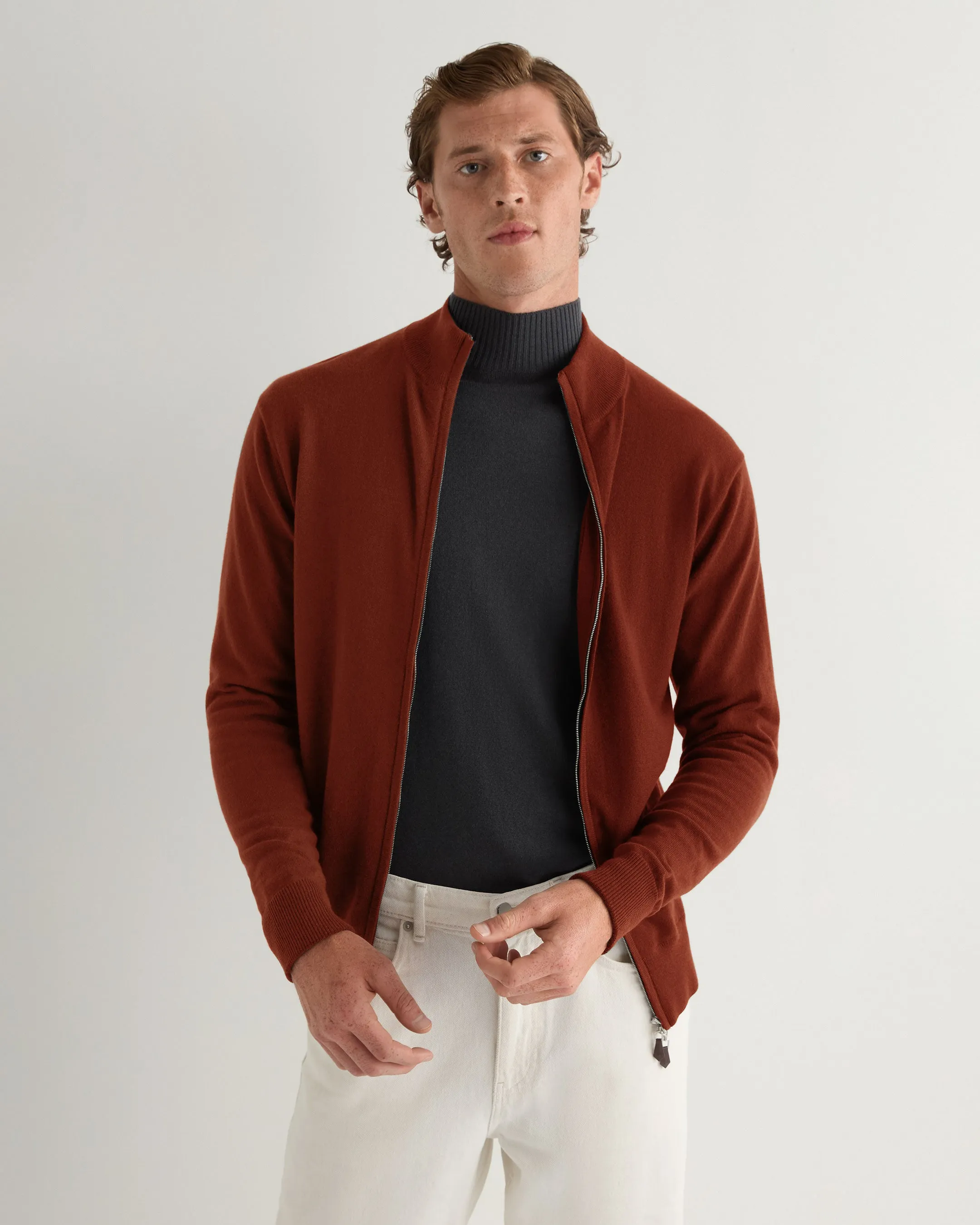 Men's Knightsbridge Full Zip Cashmere Jumper Spice Orange