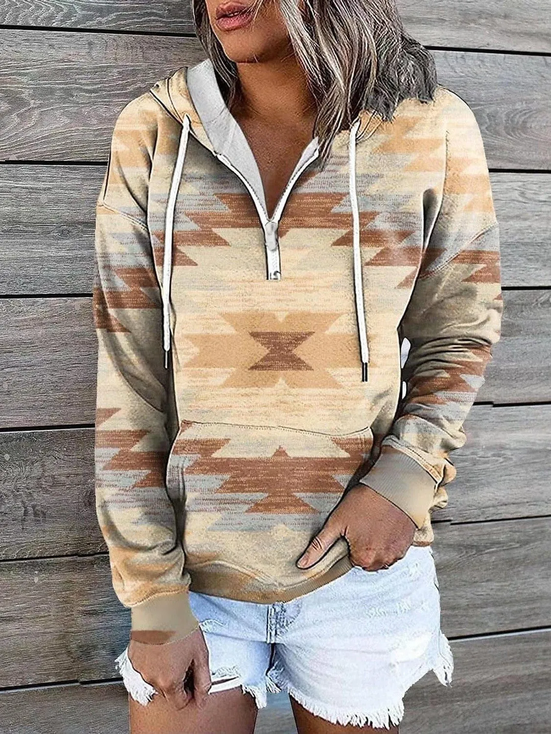 Geometric Tribal Aztecs Zip Up Hoodie Sweatshirt for Women