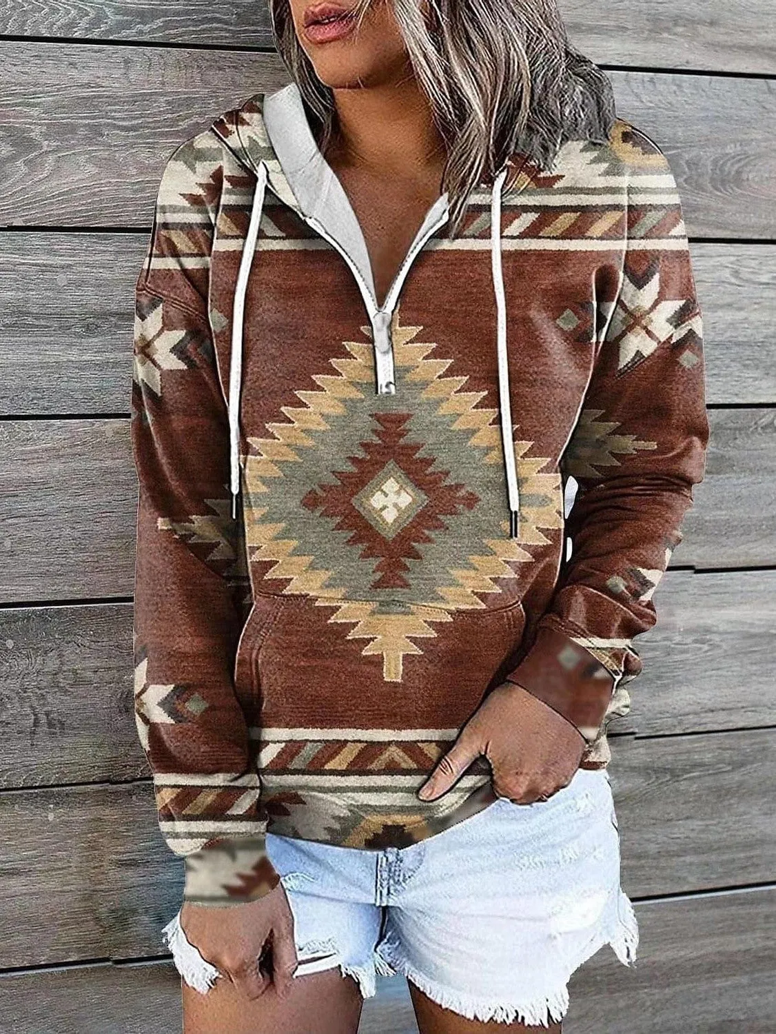 Geometric Tribal Aztecs Zip Up Hoodie Sweatshirt for Women