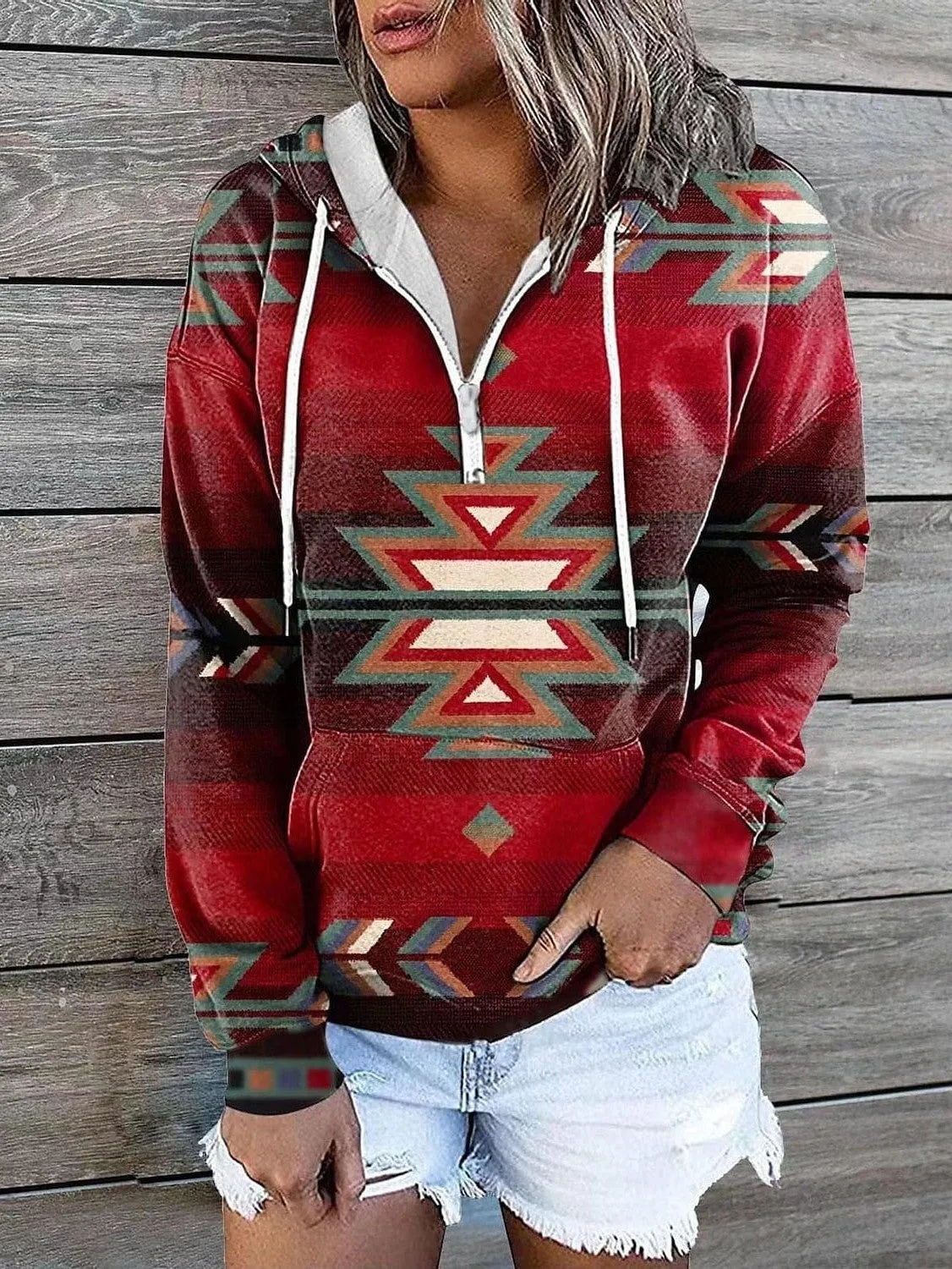 Geometric Tribal Aztecs Zip Up Hoodie Sweatshirt for Women