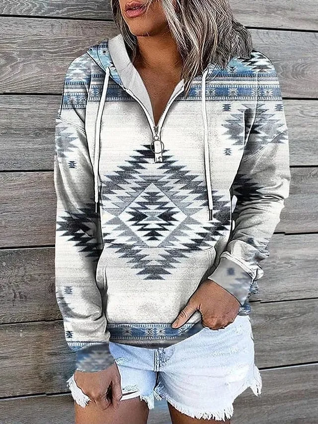 Geometric Tribal Aztecs Zip Up Hoodie Sweatshirt for Women