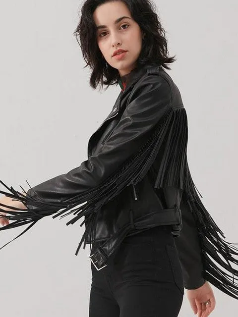 Spring Autumn 23 New Leather Women Motorcycle Tassel Spring PU Leather Coat