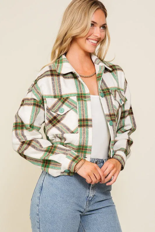 Long Sleeve Plaid Print Cropped Jacket