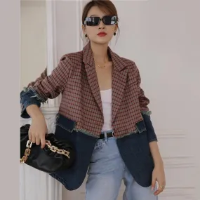 Plaid Denim Oversized Blazer Women - Casual - Patchwork