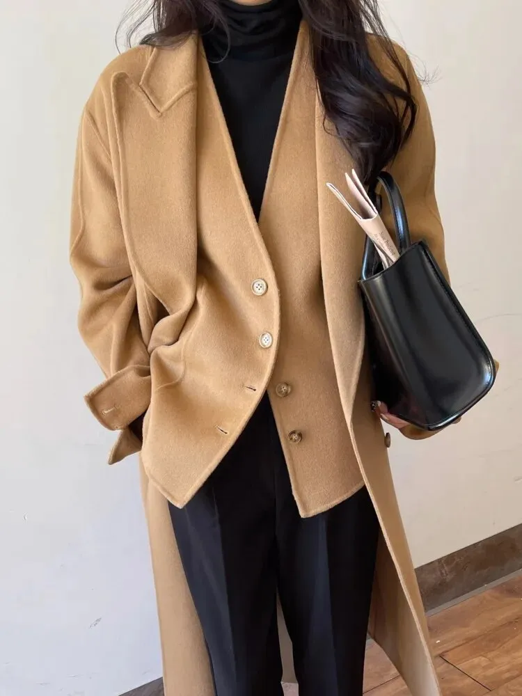 Womens Luxury Woolen Coat Double-sided Cashmere Coats Two Pieces Matching Sets