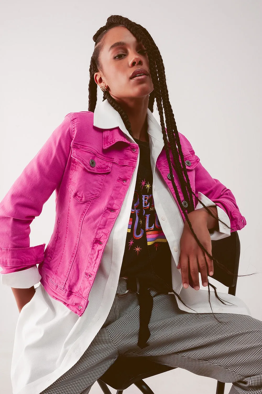 Slim Denim Trucker Jacket in Fuchsia