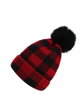 Red & Black Plaid Hairball Knitted Child Hat