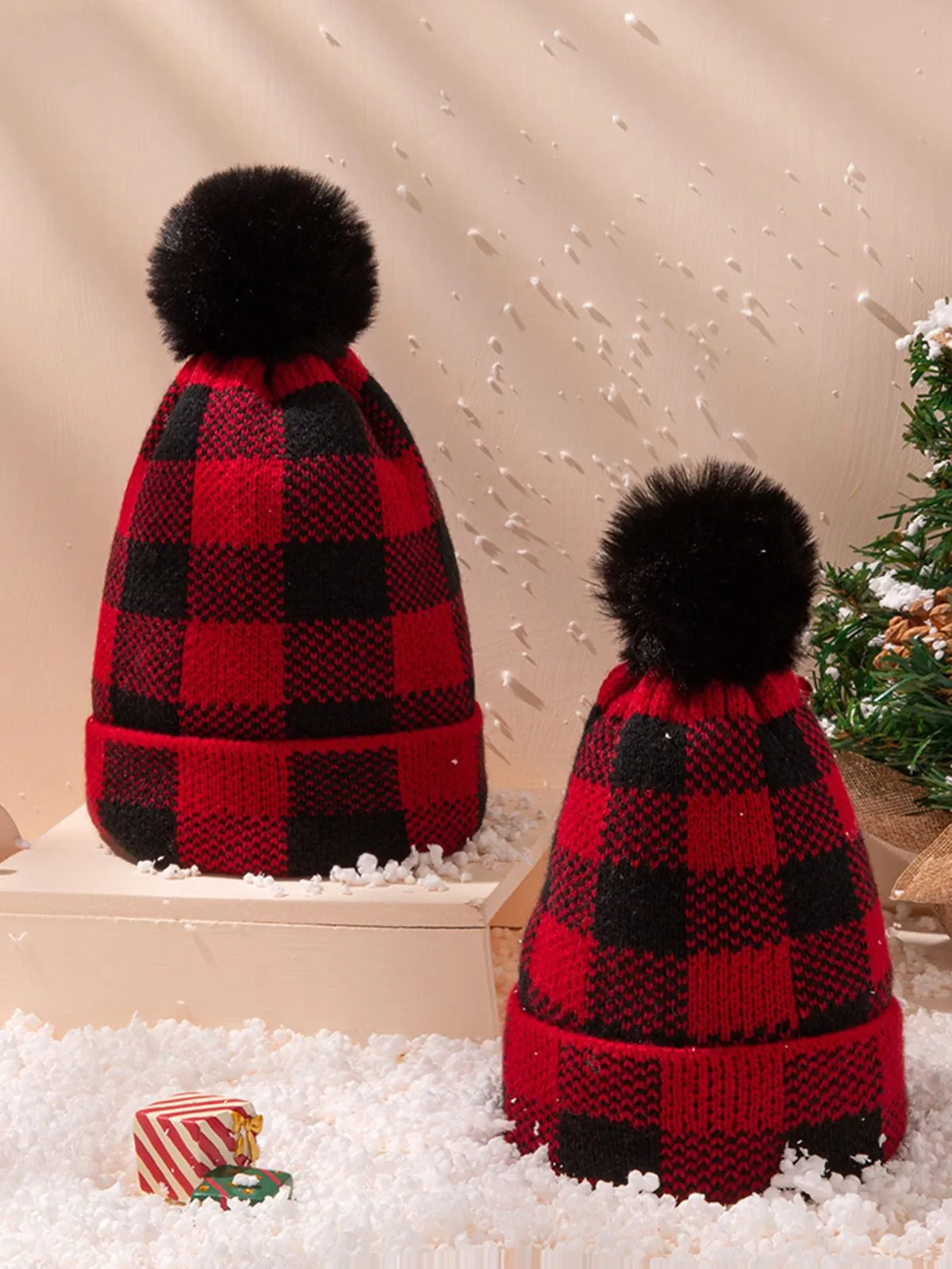 Red & Black Plaid Hairball Knitted Child Hat