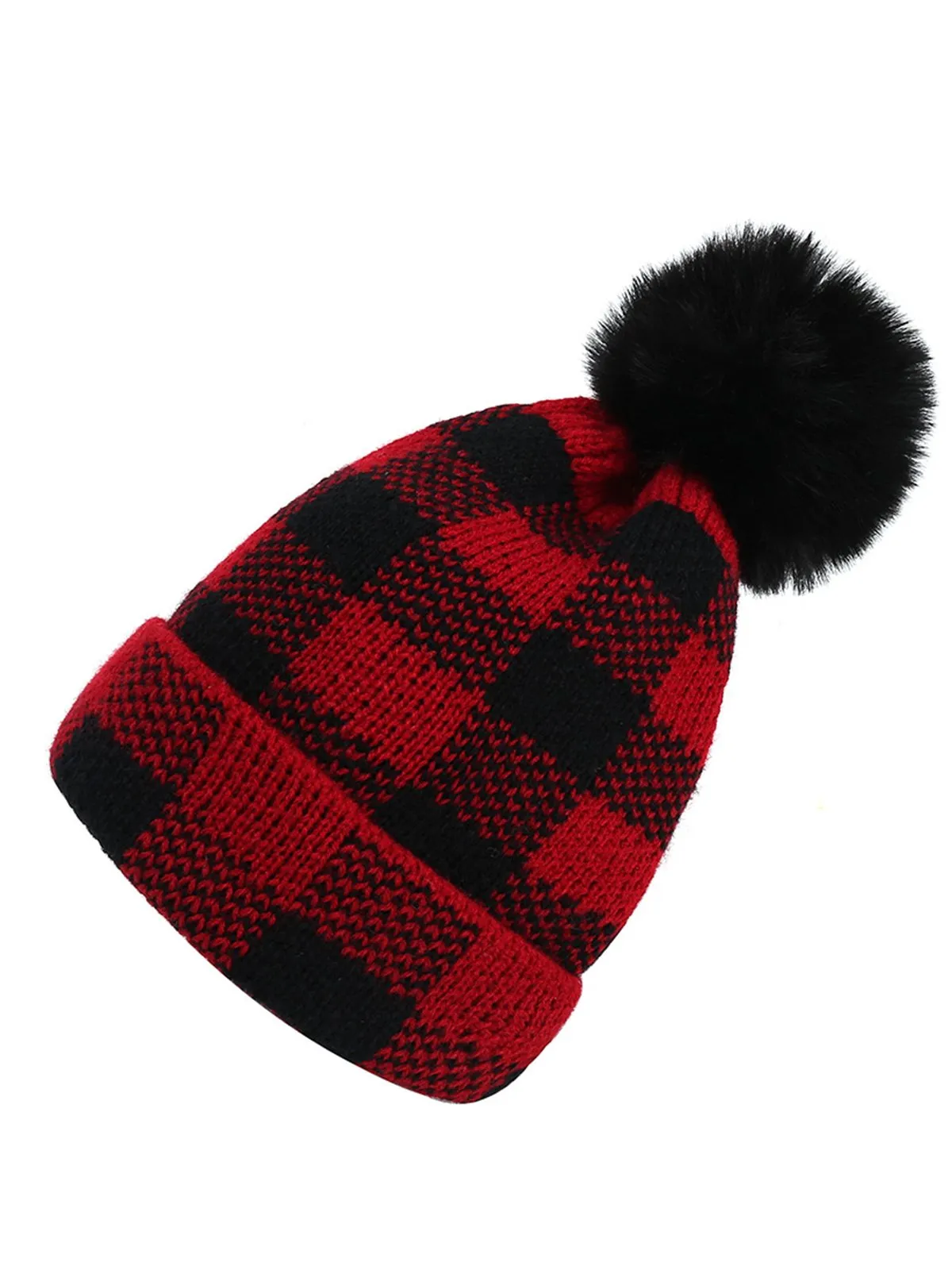 Red & Black Plaid Hairball Knitted Child Hat