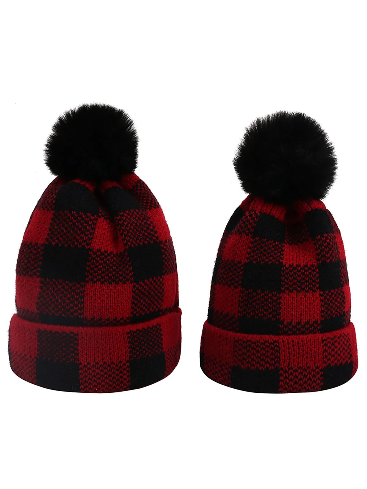 Red & Black Plaid Hairball Knitted Child Hat