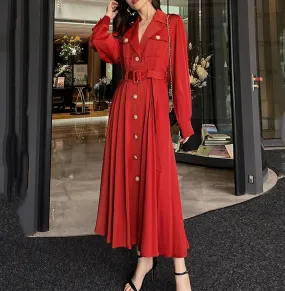 Red Single-Breasted Belted Light Weight Trench Coat